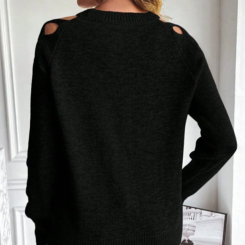 Black Casual Womens Cut Out Raglan Sleeve Crisscross Sweater